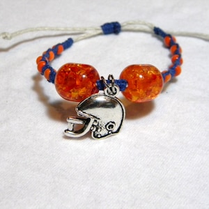 Football helmet pendant Broncos colored adjustable hemp bracelet, football fan jewelry, helmet charm blue and orange macrame bracelet