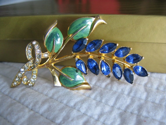 Coro Vintage Flower Blue Rhinestone Pin - image 2