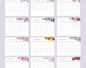 2026 Printable Flowers Calendar | Watercolour Flowers Horizontal | Sunday Start
