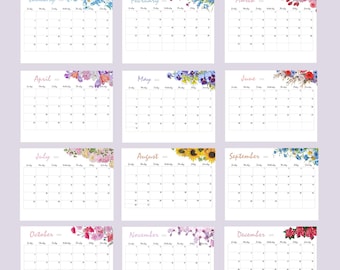2026 Druckbarer Blumen Kalender | Aquarell Blumen Horizontale | Sonntag Start