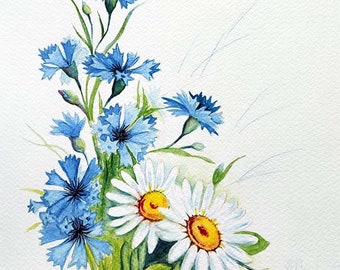 Daisies and Cornflowers Watercolour Art Original painting - 9"x12"