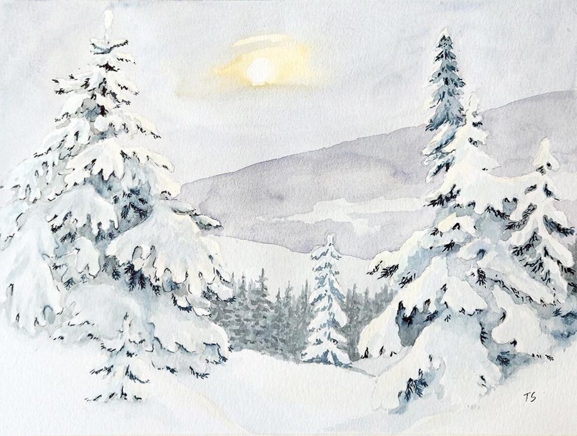 Watercolor Winter Landscape 7, Christmas Gift - Etsy