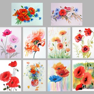 COQUELICOTS, lot de 10 cartes de voeux pour toutes les occasions - Aquarelles par Tamara Shturba