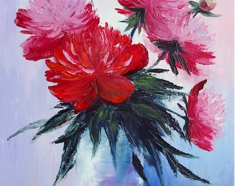 Original Oil Painting Peonies Floral Canvas Modern Flower Oil Painting Original Art 20x16 Hand Painted with Oil Paints