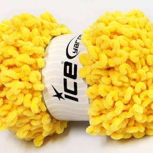 May include: A skein of yellow yarn with a white label that says "Ice Yarns".