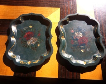 VINTAGE painted TIN TRAYS, lot of 2, painted flowers, green base