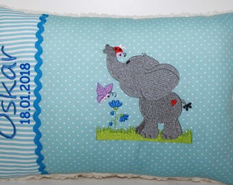 Namenskissen, Kuschelkissen mit Name & Geburtsdatum und niedlichen Elefant 20x30 cm