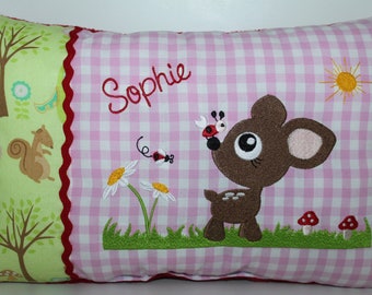 Personalized pillow, name pillow, pillow with name, cuddly pillow, gift for birth deer on meadow & name 25 x 35 cm, cover and lining