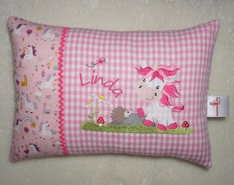 Personalized pillow, kindergarten, birth gift, pillow with name, name pillow - unicorn with hedgehog & name 20 x 30 cm