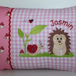 Personalized pillow, kindergarten, birth gift, pillow with name, name pillow hedgehog and snail & child's name 25 x 35 cm rosa Vichy