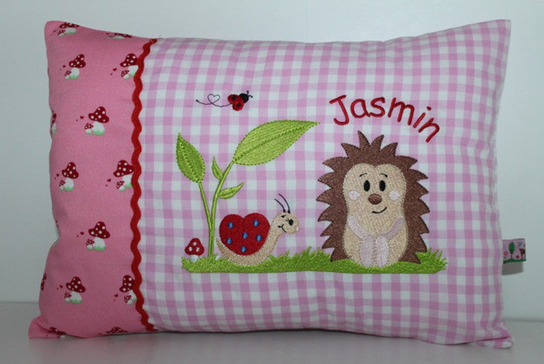 Personalized pillow, kindergarten, birth gift, pillow with name, name pillow hedgehog and snail & child's name 25 x 35 cm rosa Vichy