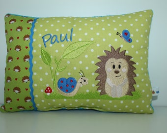 Personalized pillow, kindergarten, birth gift, pillow with name, name pillow - hedgehog and snail & name 20 x 30 cm