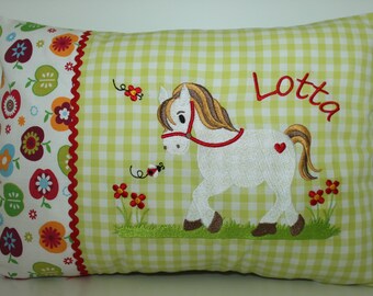 Personalized pillow, kindergarten, birth gift, pillow with name, name pillow - horse on flower meadow and name - 20 x 30 cm