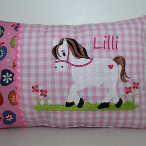 Personalized pillow, kindergarten, birth gift, pillow with name, name pillow horse on flower meadow and name 20 x 30 cm rosa Vichy