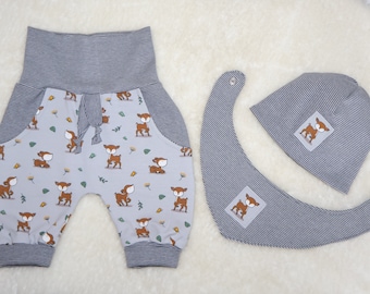 Frühchen, Newborn, Baby Pumphose, Mütze & Halstuch Gr. 56, Geschenk zur Geburt, Babyparty, Homecoming Set, Reborn, Mitwachshose, Babyhose