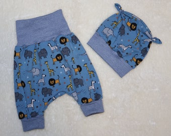 Gifts for birth, baby shower, homecoming set, growing pants - baby set - bloomers & hat jersey blue - safari animals size 50/56