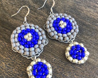 Beaded circle drop earrings in grey, silver and royal blue