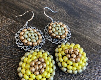 Beaded circle drop earrings in bronze and greens