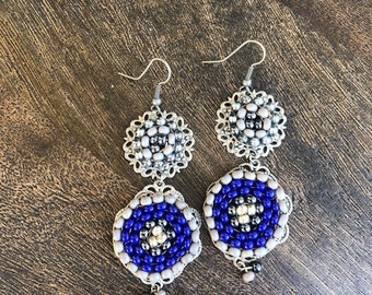 Beaded circle drop earrings in grey, silver and royal blue