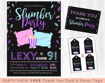 Slumber Party Invitation - Sleepover Birthday Invitation, Pajama Party, Tween Teen Birthday - Includes FREE Thank you Card & Favor Tags