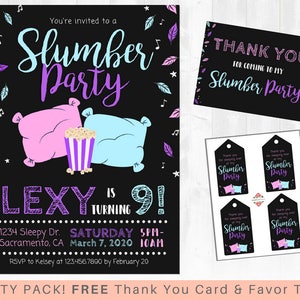 Slumber Party Invitation - Sleepover Birthday Invitation, Pajama Party, Tween Teen Birthday - Includes FREE Thank you Card & Favor Tags