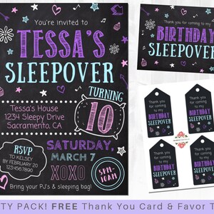 Slumber Party Invitation - Sleepover Birthday Invitation, Pajama Party, Tween Teen Birthday - Includes FREE Thank you Card & Favor Tags