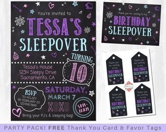 Slumber Party Invitation - Sleepover Birthday Invitation, Pajama Party, Tween Teen Birthday - Includes FREE Thank you Card & Favor Tags