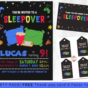 Boys Sleepover Invitation - Sleepover Birthday Invitation, Video Game Party, Pizza Party, Includes FREE Thank you Cards and Gift Tags