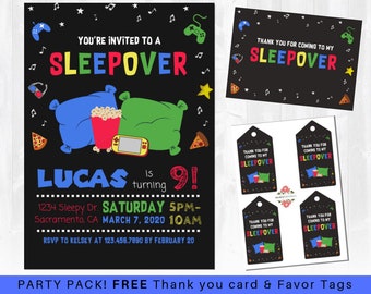 Boys Sleepover Invitation - Sleepover Birthday Invitation, Video Game Party, Pizza Party, Includes FREE Thank you Cards and Gift Tags