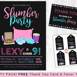Slumber Party Invitation - Sleepover Birthday Invitation, Pajama Party, Tween Teen Birthday - Includes FREE Thank you Card & Favor Tags