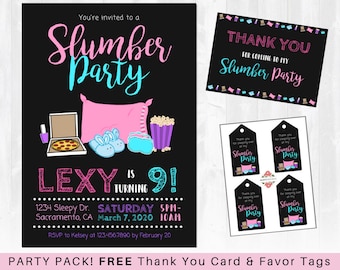 Slumber Party Invitation - Sleepover Birthday Invitation, Pajama Party, Tween Teen Birthday - Includes FREE Thank you Card & Favor Tags