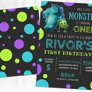 May include: A blue and green monster character with one eye and a purple and green monster character with three eyes. The text reads "Our little monster is turning one! Join us for a party to celebrate Rivor's first birthday! Saturday, January 5. Monster's House 1234 Monsters Drive University, CA 91023. Time 1:00PM-4:00PM. RSVP to Boo at 123-456-7890."