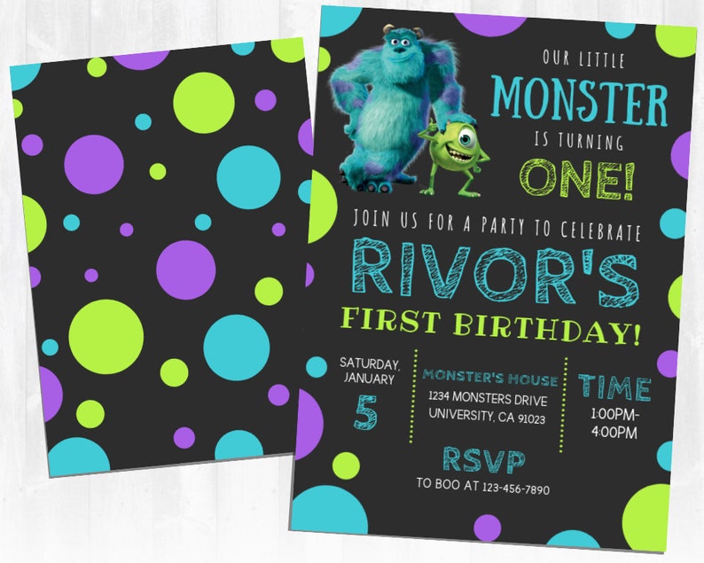 May include: A blue and green monster character with one eye and a purple and green monster character with three eyes. The text reads "Our little monster is turning one! Join us for a party to celebrate Rivor's first birthday! Saturday, January 5. Monster's House 1234 Monsters Drive University, CA 91023. Time 1:00PM-4:00PM. RSVP to Boo at 123-456-7890."
