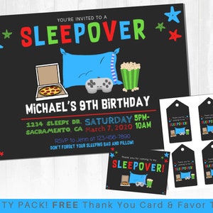 Boys Sleepover Invitation - Sleepover Birthday Invitation, Video Game Party, Pizza Party, Tween Teen Birthday - Includes FREE Thank you Card