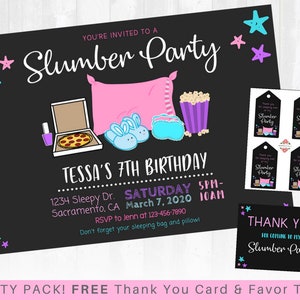 May include: A black and white printable party invitation for a 7th birthday slumber party. The invitation features a pink pillow, blue bunny slippers, a pizza box, popcorn, and a sleep mask. The text on the invitation reads "You're invited to a Slumber Party", "Tessa's 7th Birthday", "Saturday, March 7, 2020", "5PM-10AM", "1234 Sleepy Dr. Sacramento, CA", "RSVP to Jenn at 123-456-7890", and "Don't forget your sleeping bag and pillow!" The invitation also includes a thank you card and favor tags that say "Thank you for coming to my Slumber Party".