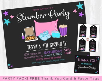 Slumber Party Invitation - Sleepover Birthday Invitation, Pajama Party, Tween Teen Birthday - Includes FREE Thank you Card & Favor Tags