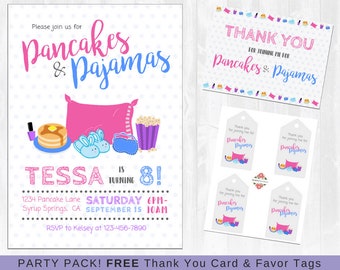 Panqueques y pijamas Slumber fiesta invitación - invitación de cumpleaños de pijama, fiesta de pijama - incluye GRATIS gracias tarjeta & favor etiquetas