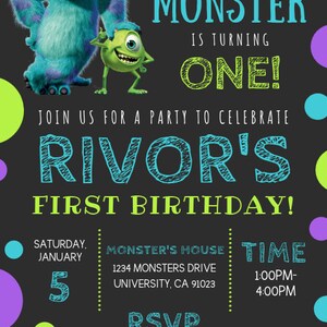 May include: A blue and green monster character with one eye and a blue and green monster character with three eyes. The characters are on a black background with colorful polka dots. The text reads "Our little monster is turning one! Join us for a party to celebrate Rivor's first birthday! Saturday, January 5. Monster's House, 1234 Monsters Drive, University, CA 91023. Time 1:00PM-4:00PM. RSVP to boo at 123-456-7890."