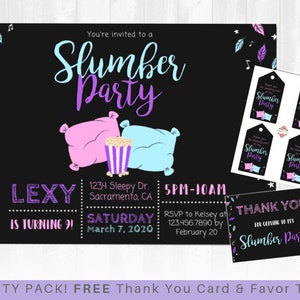 Slumber Party Invitation - Sleepover Birthday Invitation, Pajama Party, Tween Teen Birthday - Includes FREE Thank you Card & Favor Tags