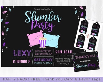 Slumber Party Invitation - Sleepover Birthday Invitation, Pajama Party, Tween Teen Birthday - Includes FREE Thank you Card & Favor Tags