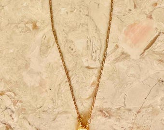 May include: Gold-toned necklace with two pendant charms. One charm features a cherry design, the other a blue floral design. The necklace has a delicate chain and a secure clasp. The charms are white with colorful details.