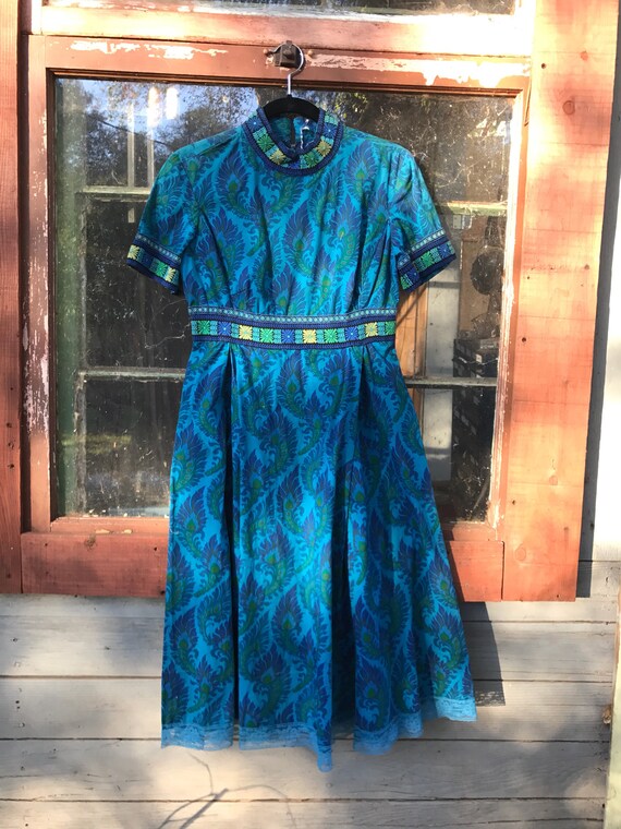 Vintage Turquoise Dress Thai cotton 1960s peacock 