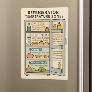 Puede incluir: Un imán de nevera con un diagrama de las zonas de temperatura del refrigerador. El diagrama muestra las zonas más cálidas, moderadamente frías, más frías y frescas y estables, con ejemplos de alimentos.