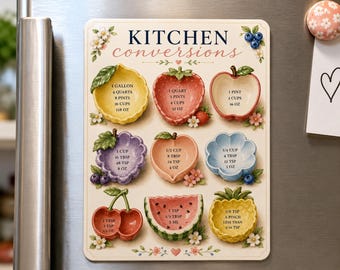 May include: A rectangular kitchen conversion magnet featuring illustrations of fruit-shaped bowls. Each fruit contains text listing volume measurements in gallons, quarts, pints, cups, tablespoons, teaspoons, and ounces. The design includes floral accents.