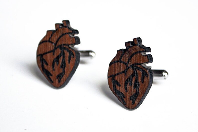 Anatomical heart cuff links, heart cuff links, wood heart cuff links, wood cuff links red, lasercut wood cufflinks, father's day, birthday image 3