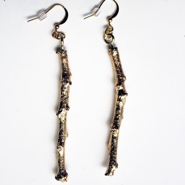 Gold twig earrings with 18k gold plated nickel free hooks, wood earrings, birthday, mother's day gift for her