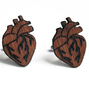 Anatomical heart cuff links, heart cuff links, wood heart cuff links, wood cuff links red, lasercut wood cufflinks, father's day, birthday image 2