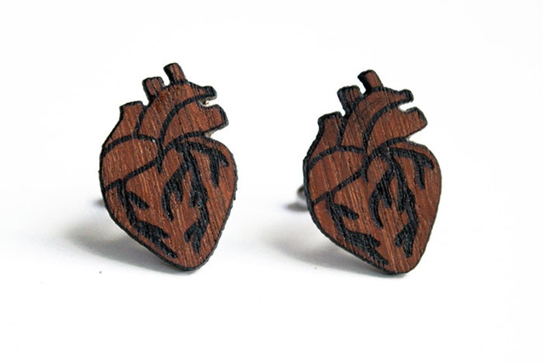 Anatomical heart cuff links, heart cuff links, wood heart cuff links, wood cuff links red, lasercut wood cufflinks, father's day, birthday image 2