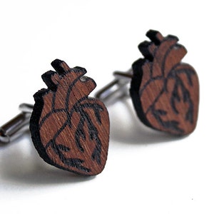 Anatomical heart cuff links, heart cuff links, wood heart cuff links, wood cuff links red, lasercut wood cufflinks, father's day, birthday image 1