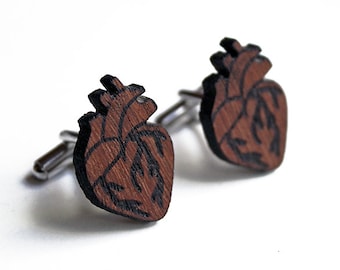 Anatomical heart cuff links, heart cuff links, wood heart cuff links, wood cuff links red, lasercut wood cufflinks, father's day, birthday